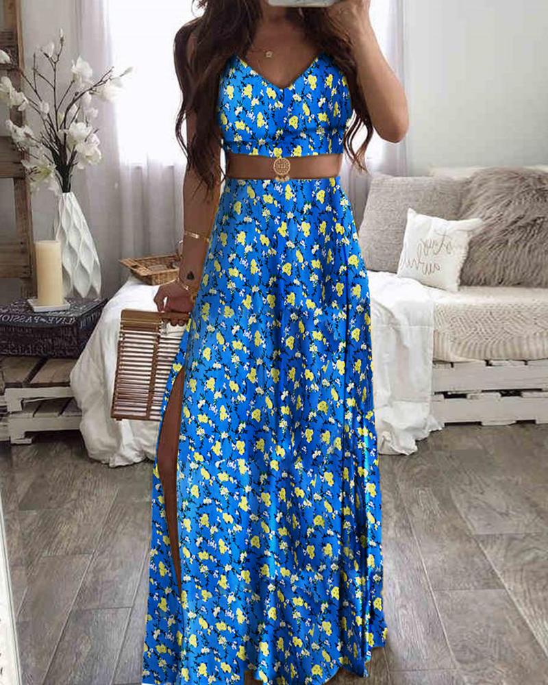 

Floral Print Cami Top & Thigh Slit Skirt Sets, Blue