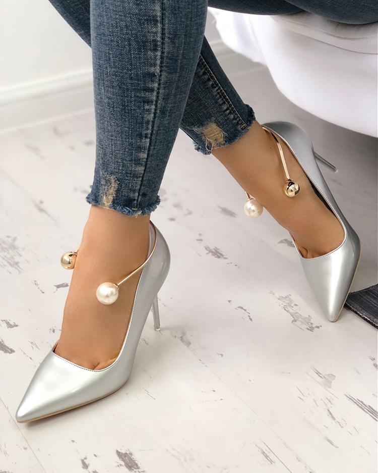 

Stylish Beading Decorated Pointed Toe Thin Pumps, Silver