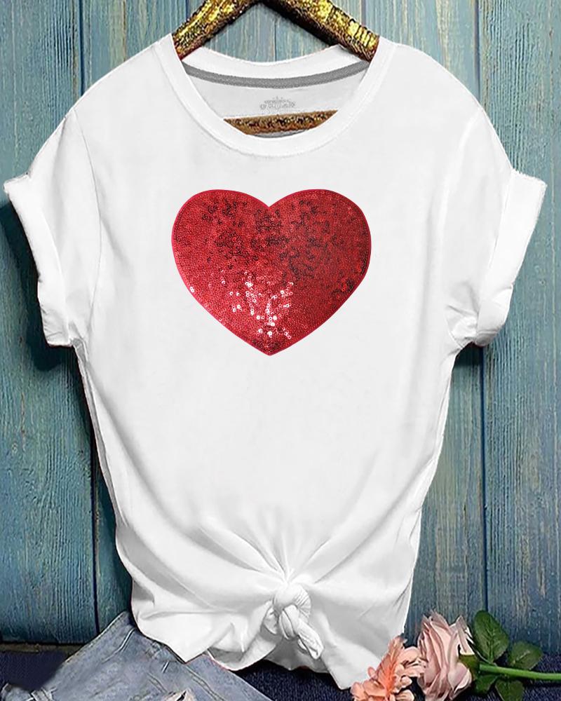 

Heart Pattern Sequins Short Sleeve Casual T-shirt, White