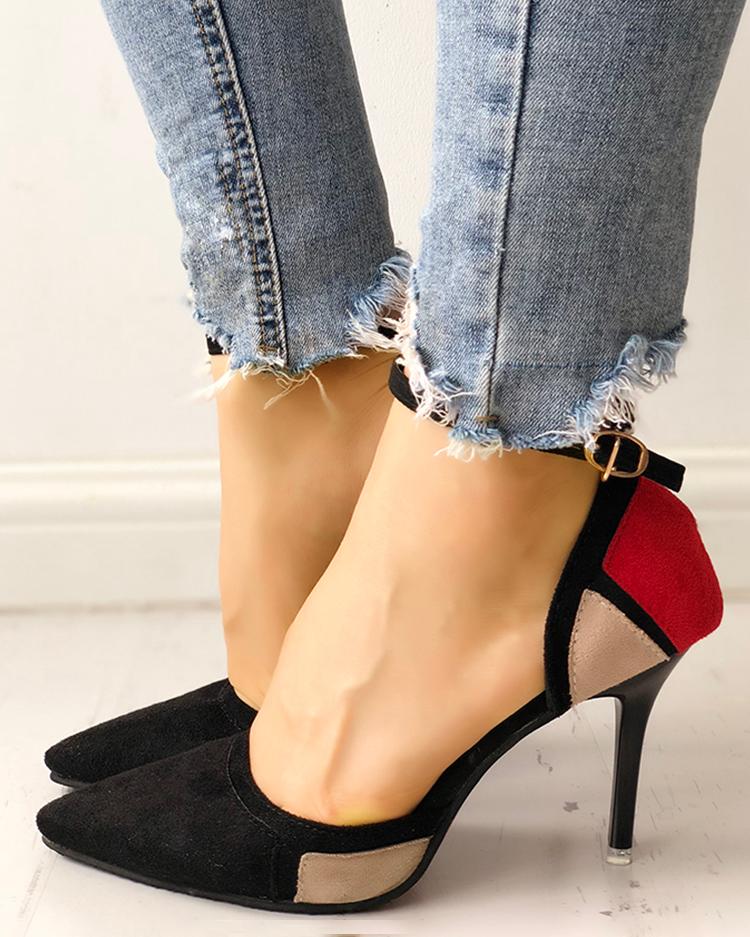 

Colorblock Suede Pointed Toe Buckled Thin Heels, Black