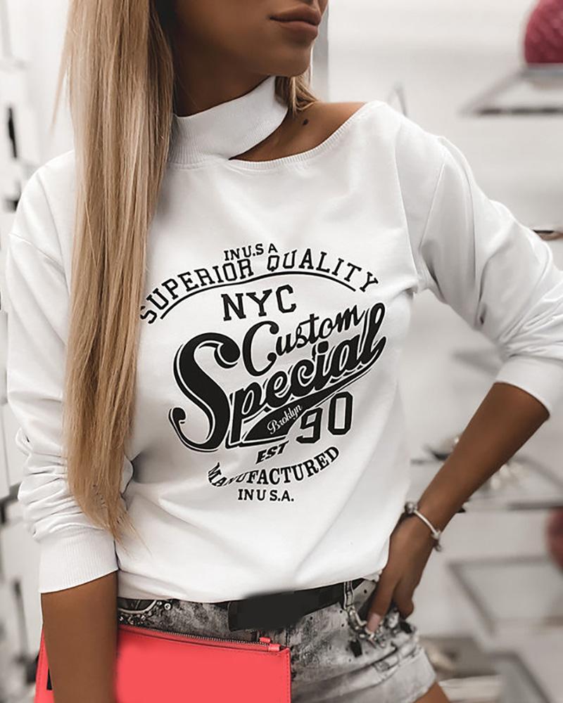 

Letter Print Cutout Long Sleeve Casual Top, White
