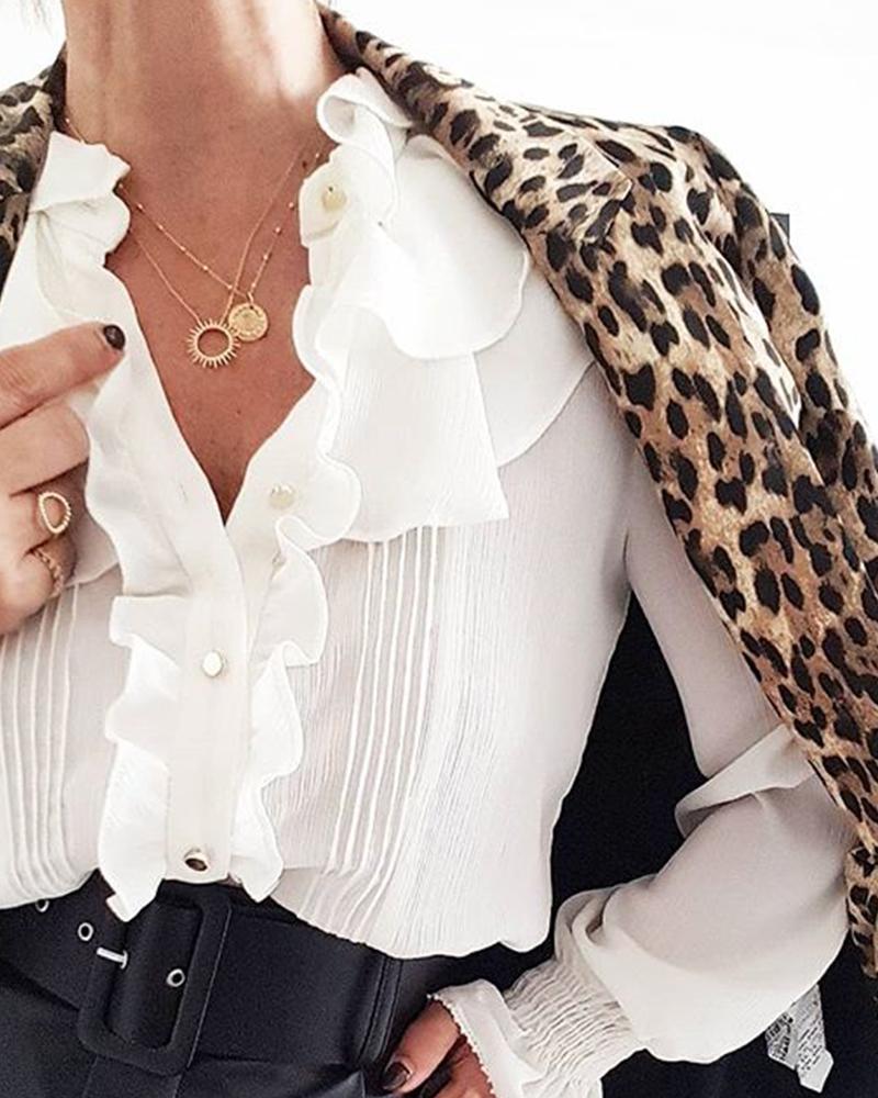 

Plain Ruffle Trim Button-Up Top