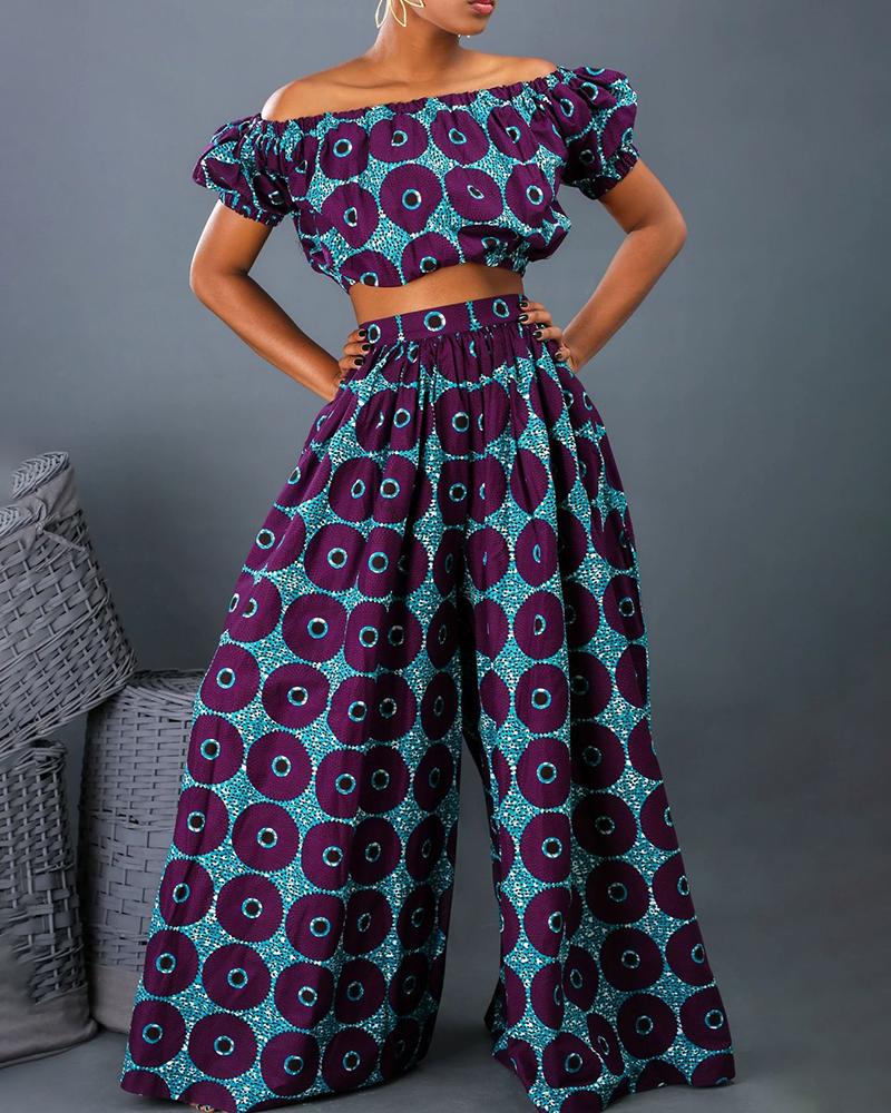 

Print Off Shoulder Crop Top & Wide Leg Pant Sets, Dark blue