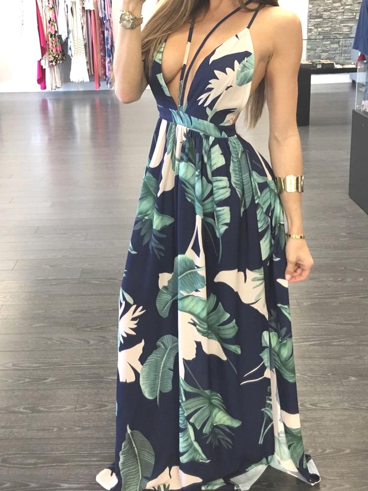 

Palm Print Caged Deep V Neck Strappy Backless Maxi Dress, Multicolor