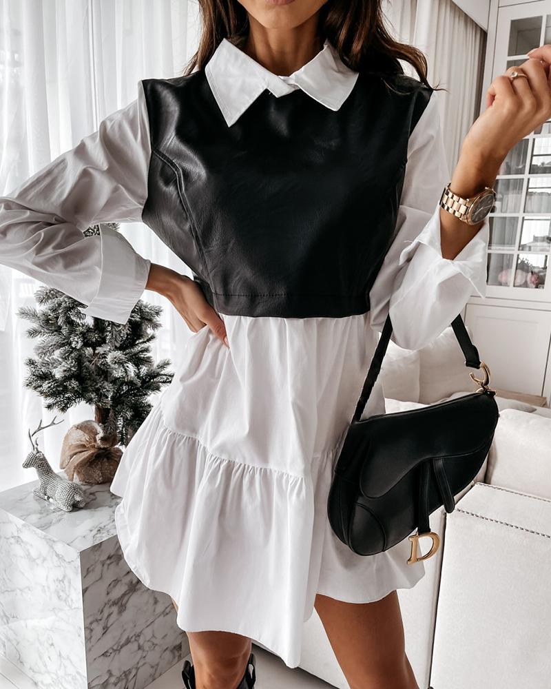 

Colorblock Long Sleeve Shirt Dress, Black