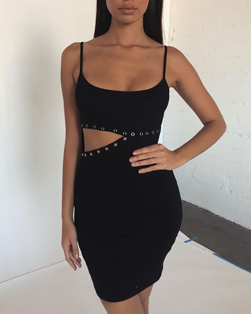 

Eyelet Embellished Cutout Waist Slip Dress, Black