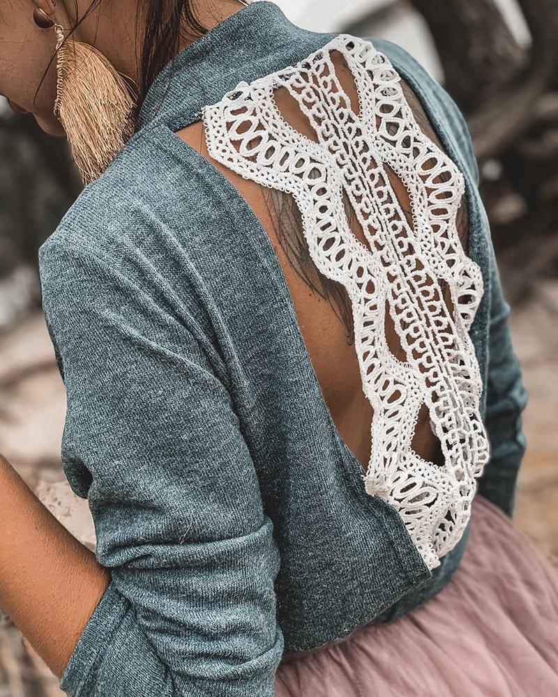 

Mock Neck Lace Insert Open Back Blouse, Gray