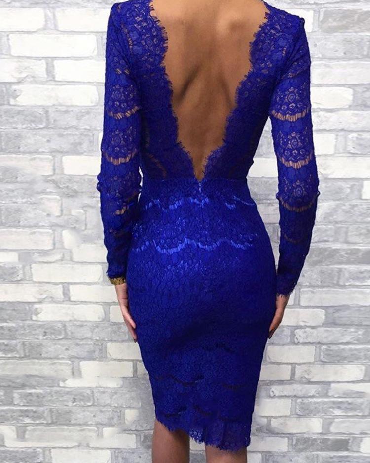 

Eyelash Lace Open Back Bodycon Dress, Blue