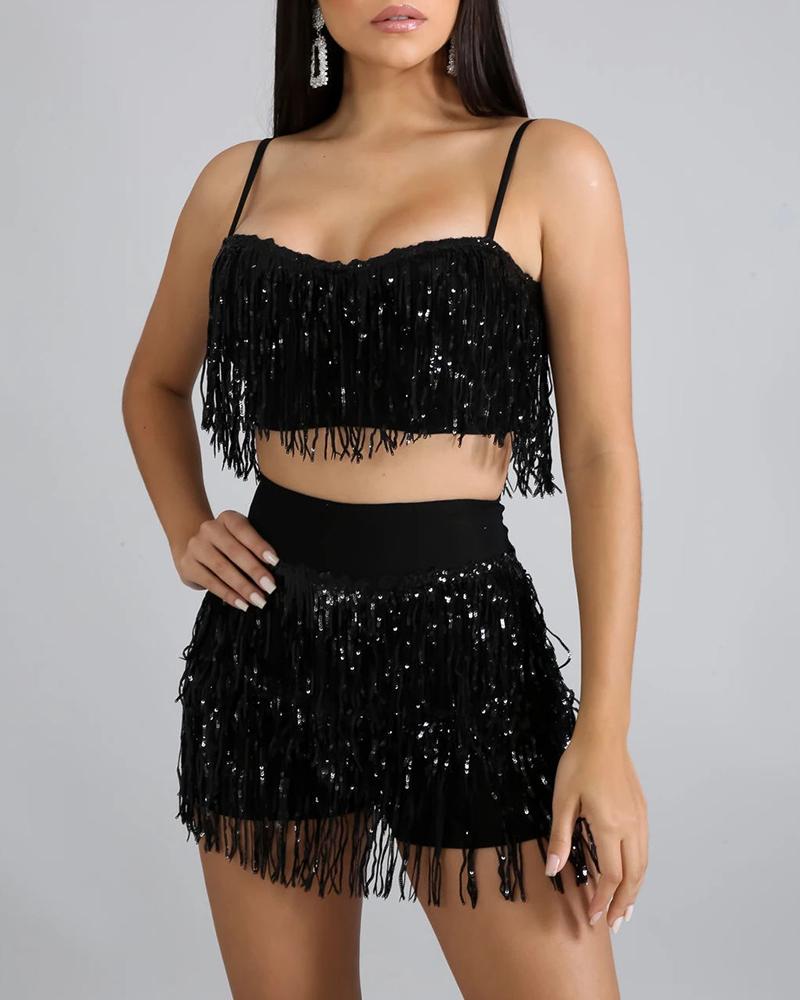 

Tassel Spaghetti Strap Crop Top & Short Sets, Black