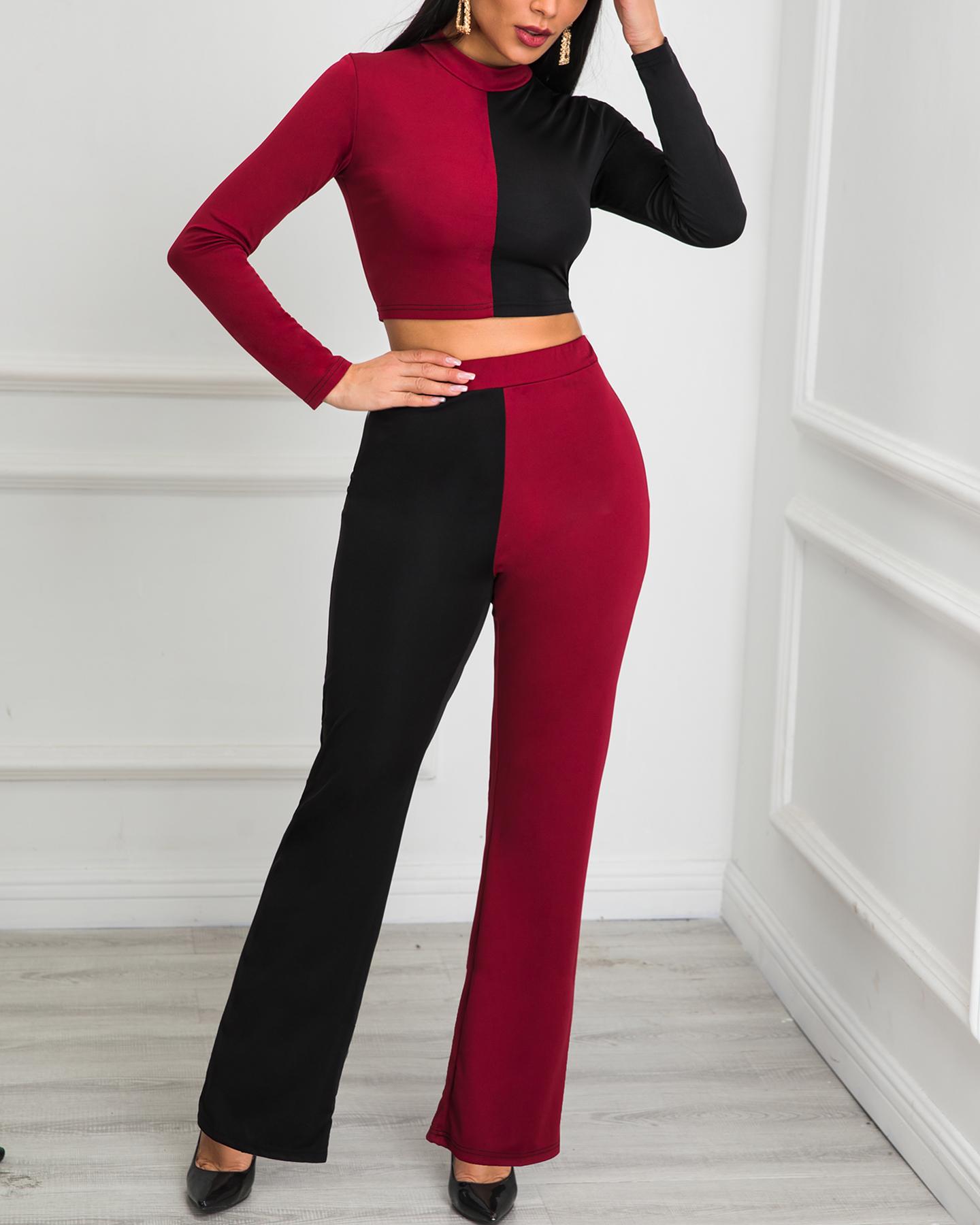 

Two Tone Insert Top & Wide Leg Pant Sets, Wine red