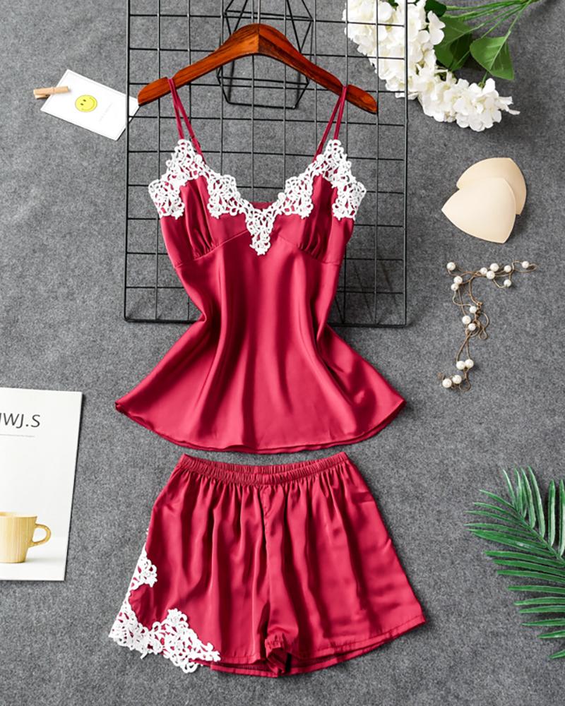 

V-neck Crochet Lace Satin Cami Set, Red