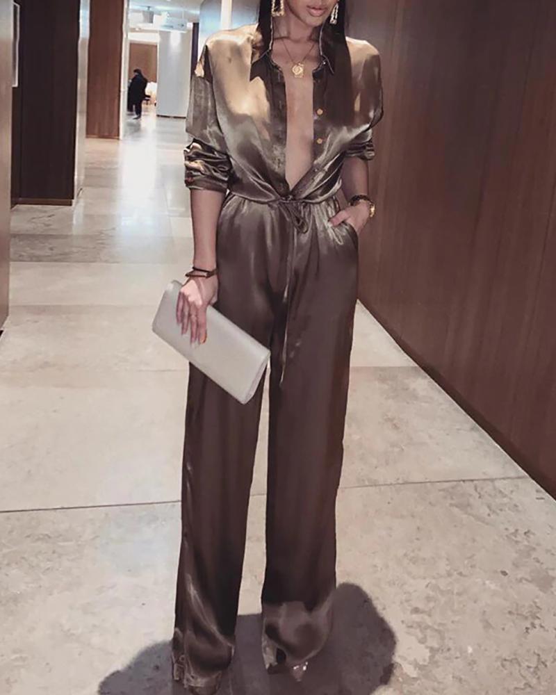 

Solid Turn-down Collar Buttoned Jumpsuit, Brown