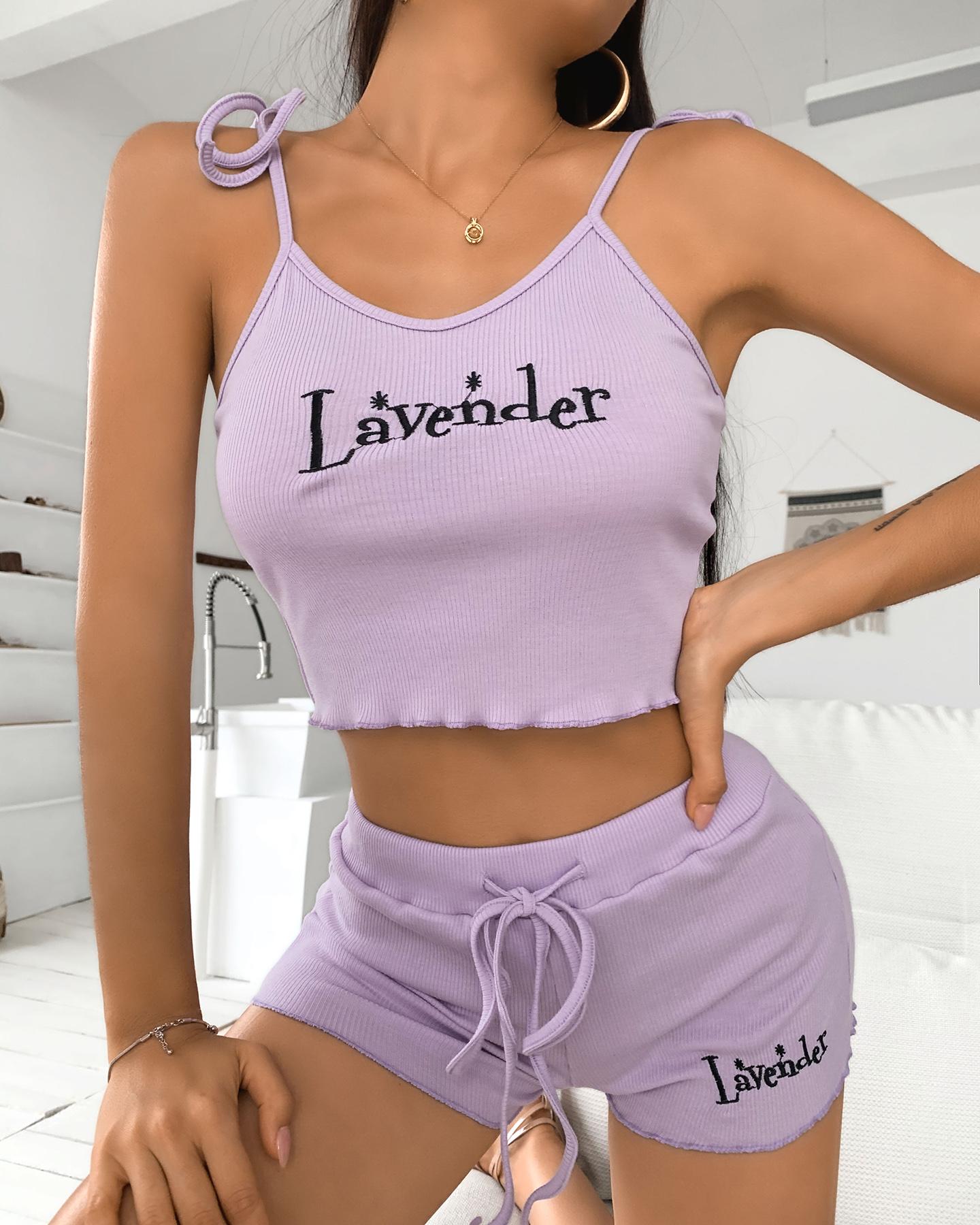 

Spaghetti Strap Letter Print Crop Top & Drawstring Shorts Set, Purple