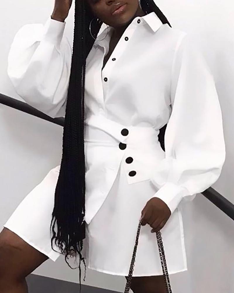

Lantern Sleeve Buttoned Shirt Dress, White