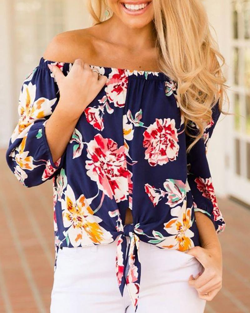 

Slash Neck Knot Front Floral Blouse, Purplish blue