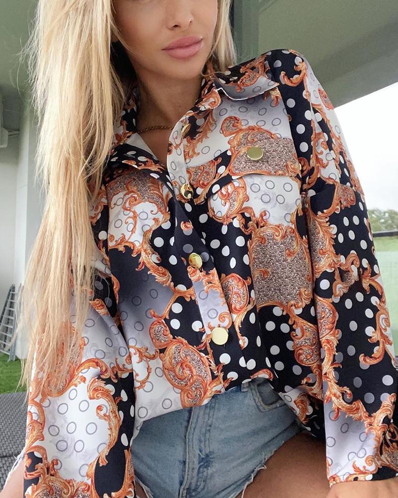 

Print Long Sleeve Loose Blouse, Black