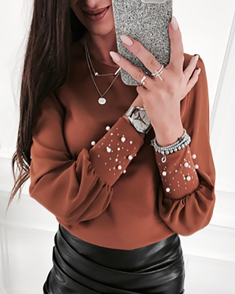 

Beaded Long Sleeve Casual Blouse, Dark brown