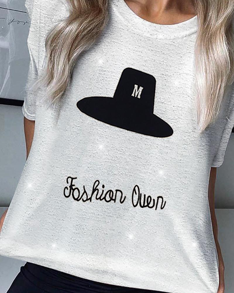 

Cap Print Glitter Casual T-shirt, White