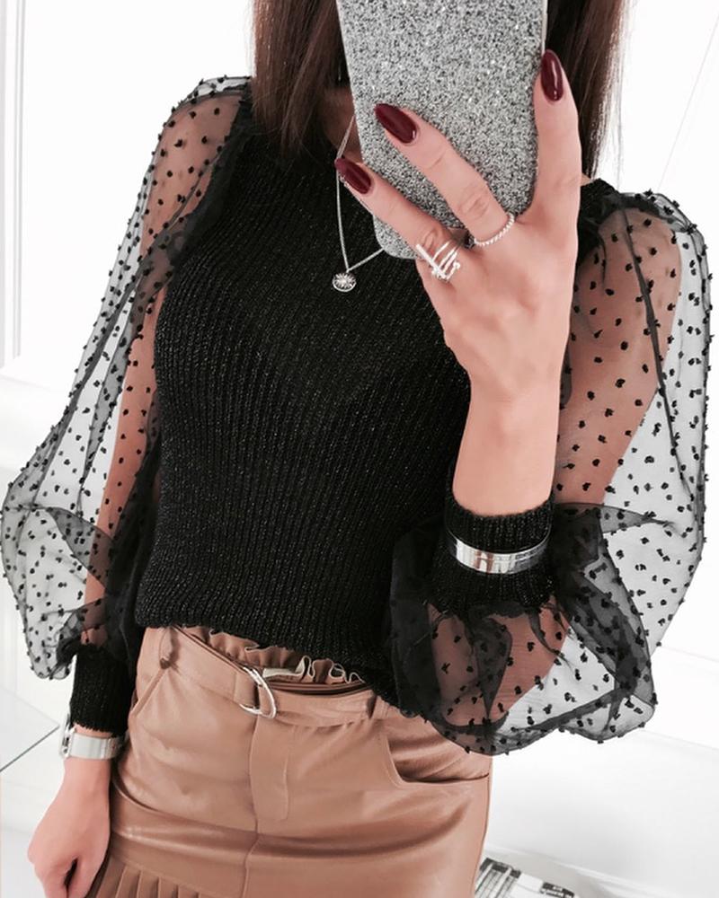 

Dot Mesh See Through Sleeve Patchwork Design Blouse, Black