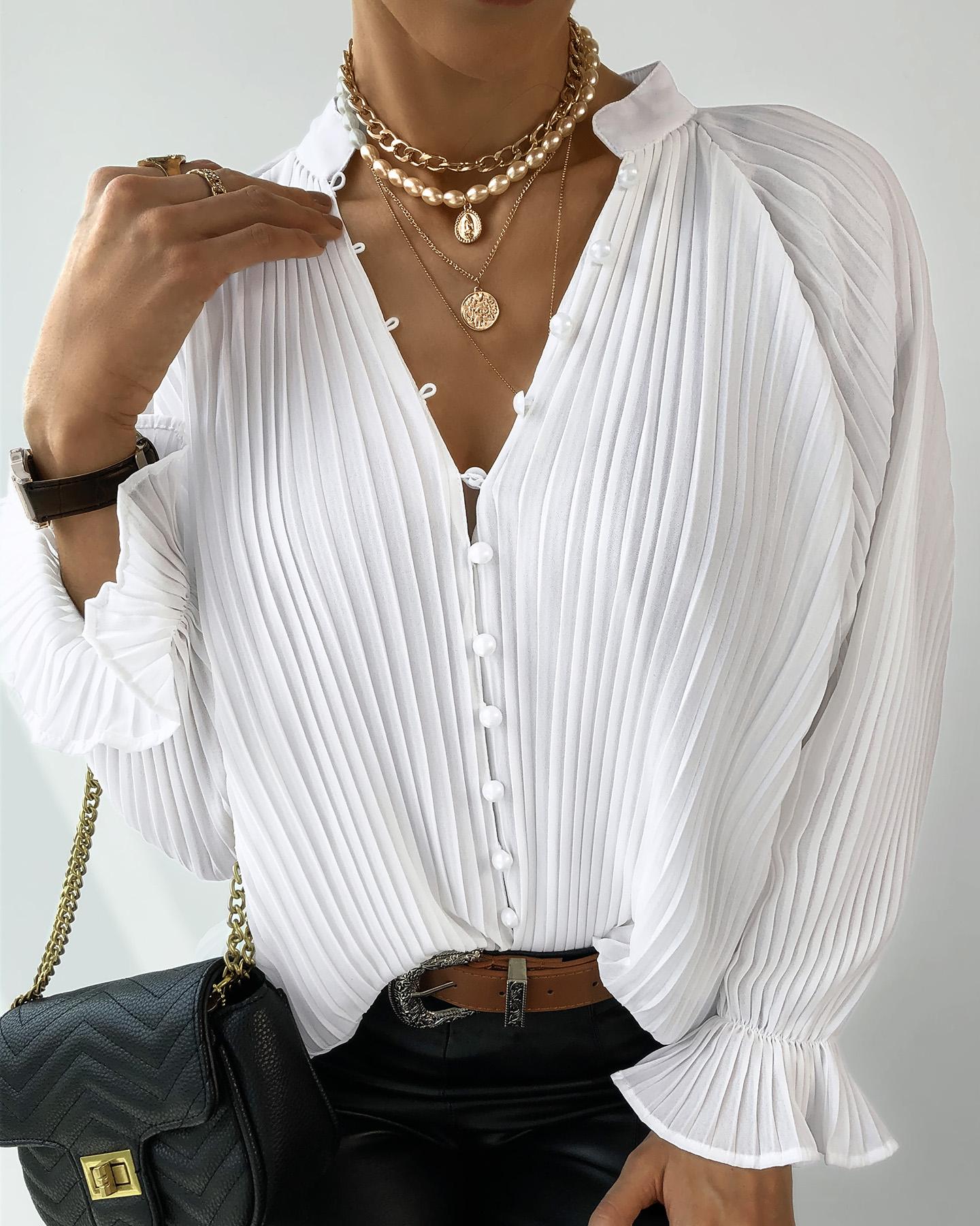 

V-Neck Button Through Pleated Blouse, White