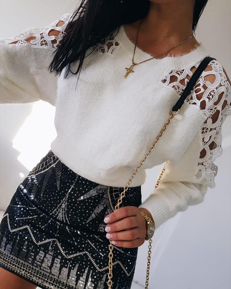 

Cutout Lace Fluffy Long Sleeve Sweater, White