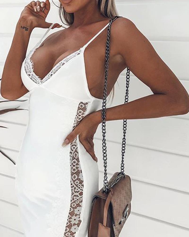 

Low Cut Lace Insert Bodycon Dress, White