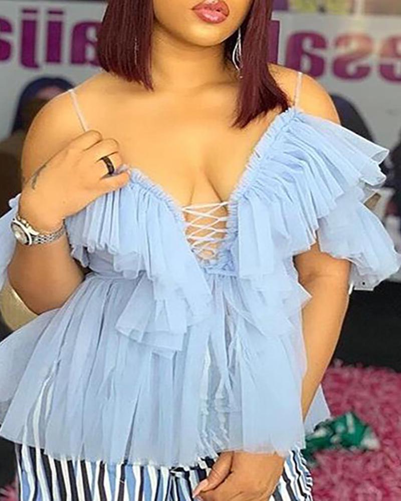 

Cold Shoulder Layered Mesh Blouse, Blue