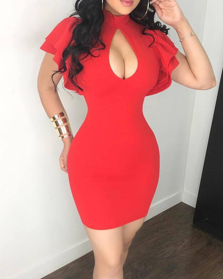 

Cut Out Ruffled Sleeve Bodycon Dress, Red