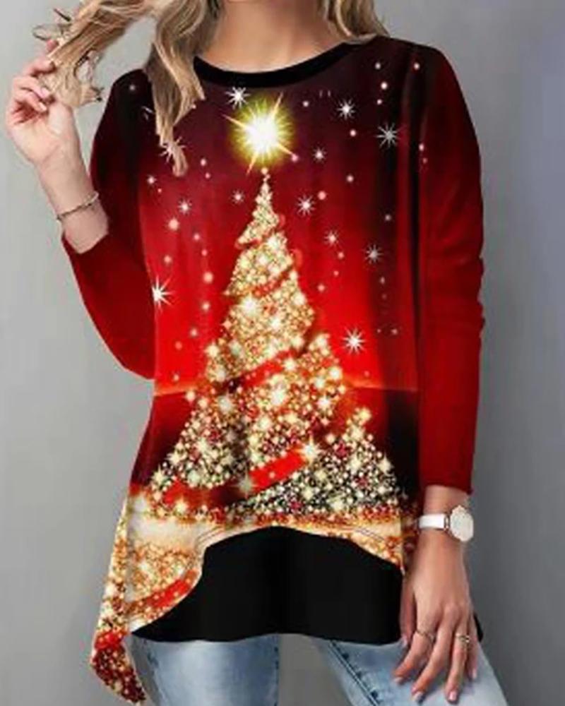 

Christmas Tree Print Colorblock Casual Sweatshirt, Red