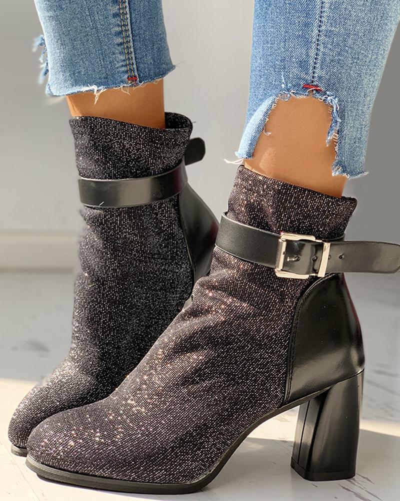 

Suede Ankle-Buckled Pointed Toe Chunky Heeled Boots, Black