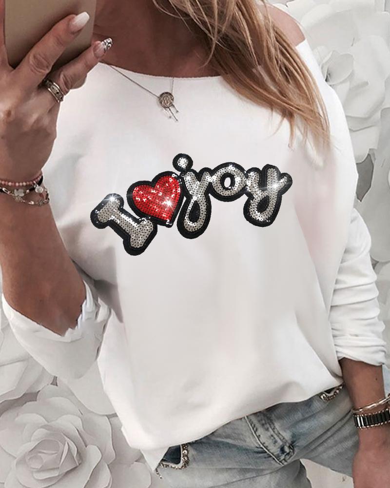 

Round Neck Sequins Letter Print Long Sleeve T-shirt, White