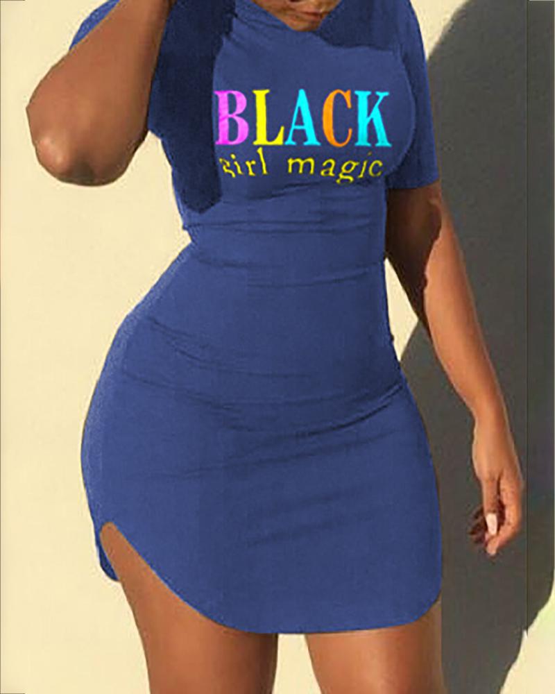 

Letter Print Slit Bodycon Dress, Blue