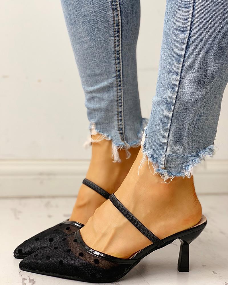 

Pointed Toe Dot Mesh Slingback Thin Heels, Black