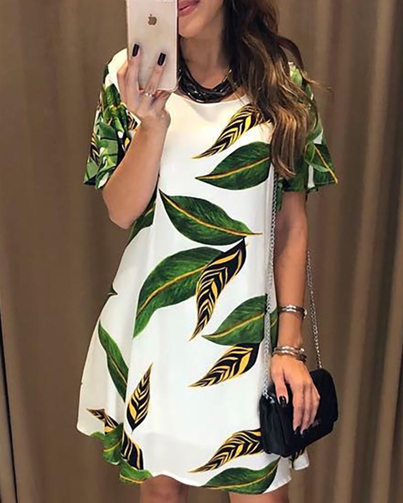 

Leaf Print Open Back Casual Dress
