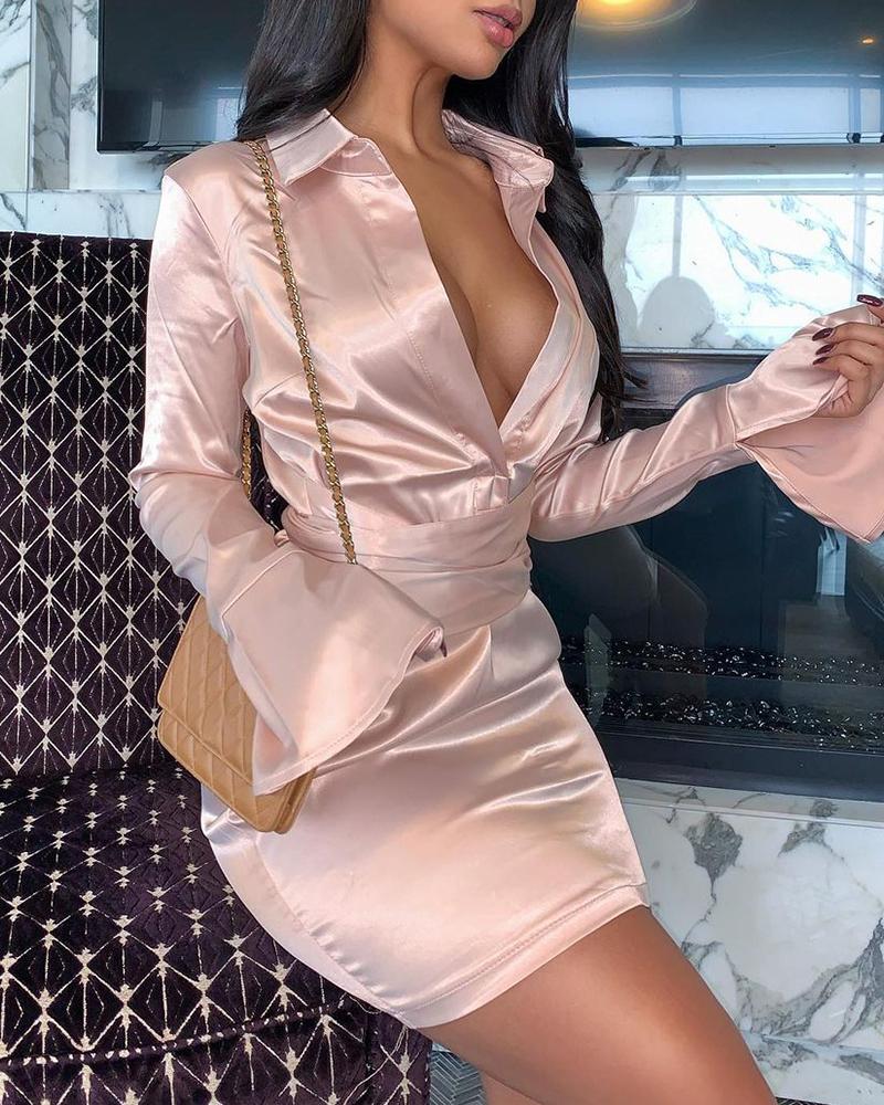 

Satin Bell Sleeve Shirt Dress, Pink