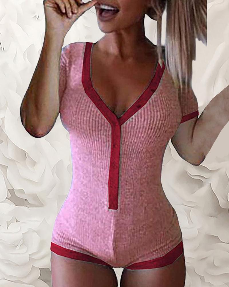 

Contrast Binding Bottoned Short Sleeve Romper, Pink