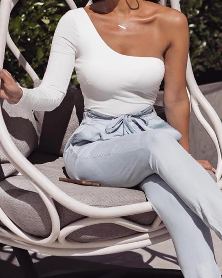 

One Shoulder Long Sleeve Bodysuit, White
