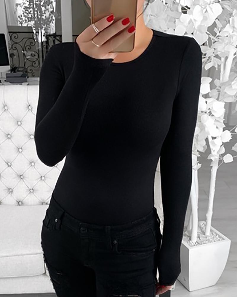 

Solid Round Neck Long Sleeve Bodysuit, Black