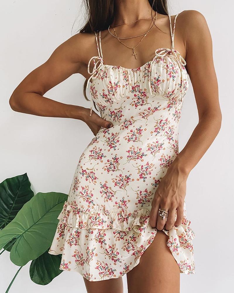 

Double Spaghetti Strap Floral Print Ruffles Dress, Beige