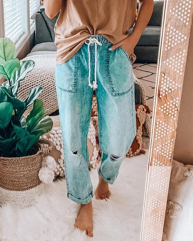 

Denim Ripped Drawstring Casual Pants, Blue