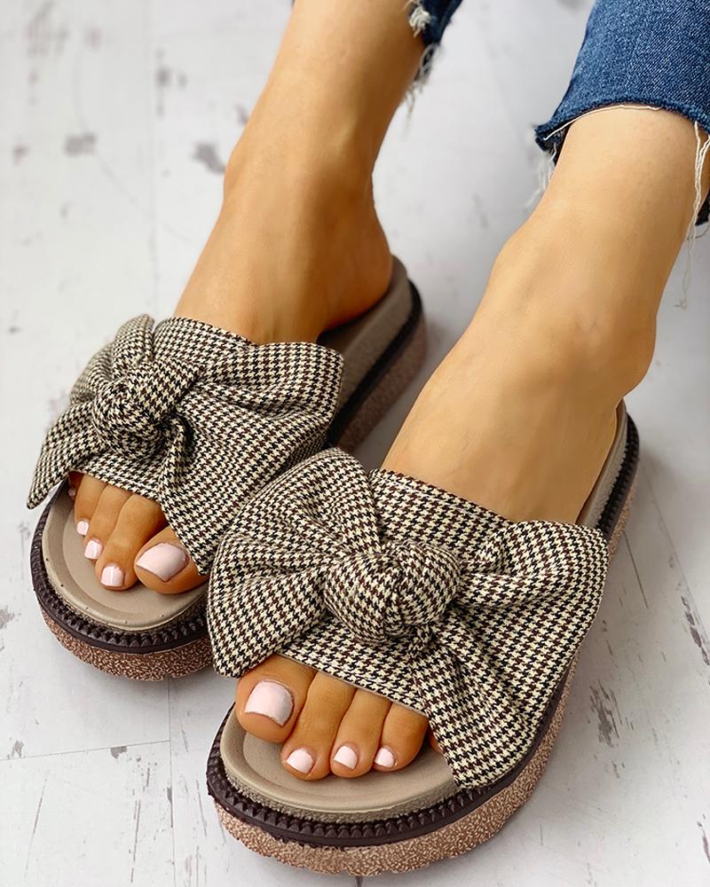 

Houndstooth Bowknot Design Open Toe Sandals, Yellow