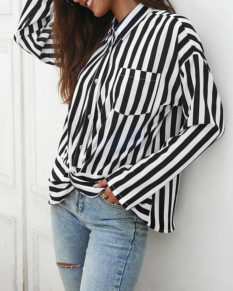 

Long Sleeve Striped Print Scrunch Shirt, Blue