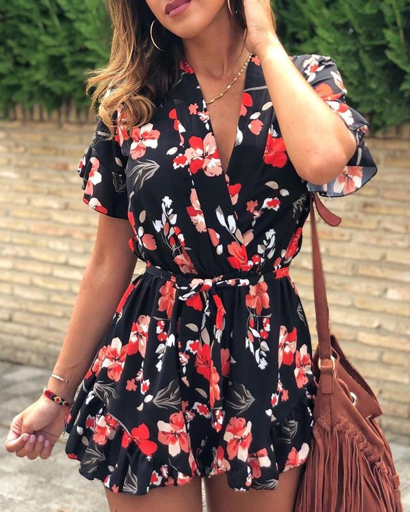 

Floral Print Short Sleeve Romper, Black
