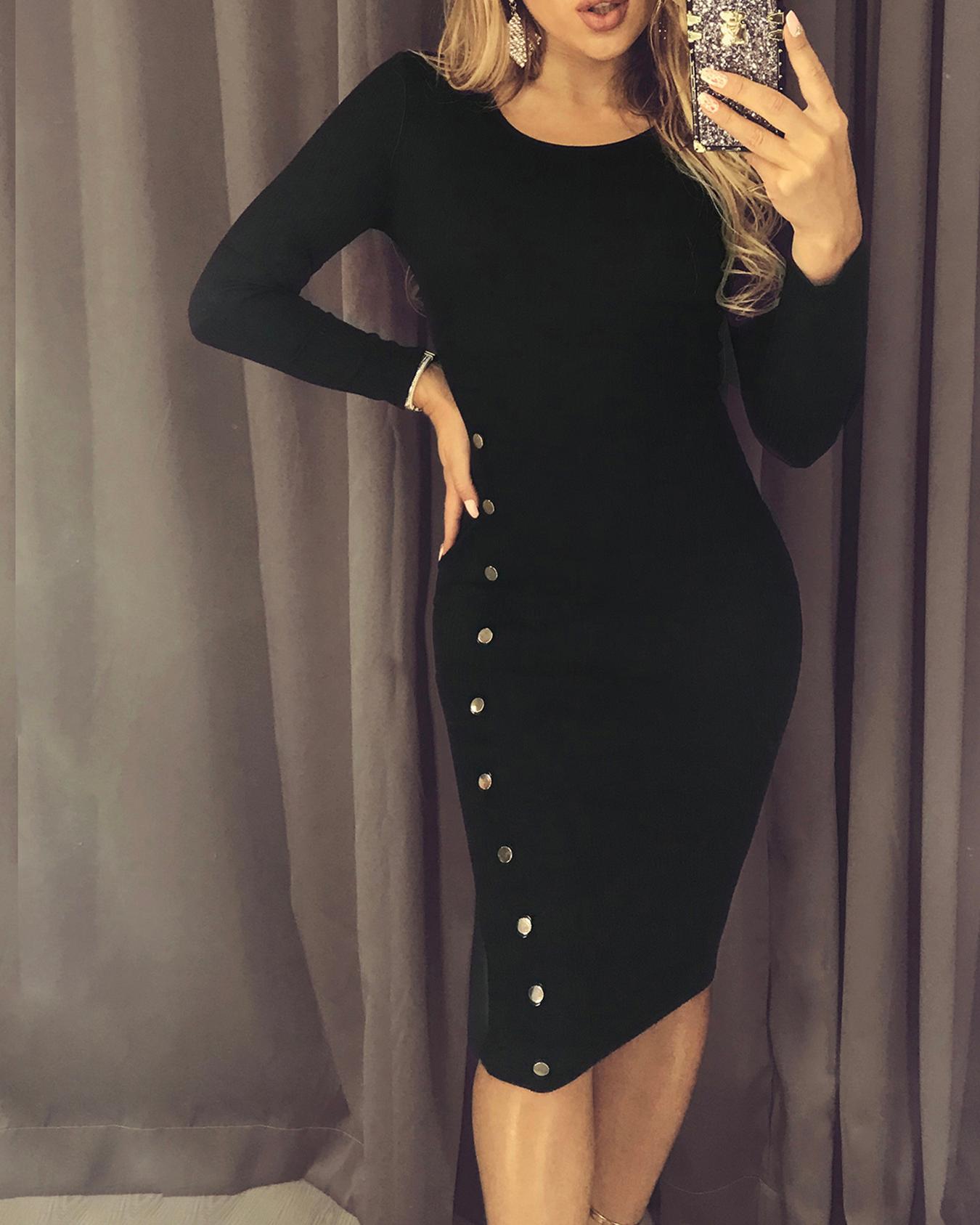 

Button Embellished Long Sleeve Bodyon Dress, Black