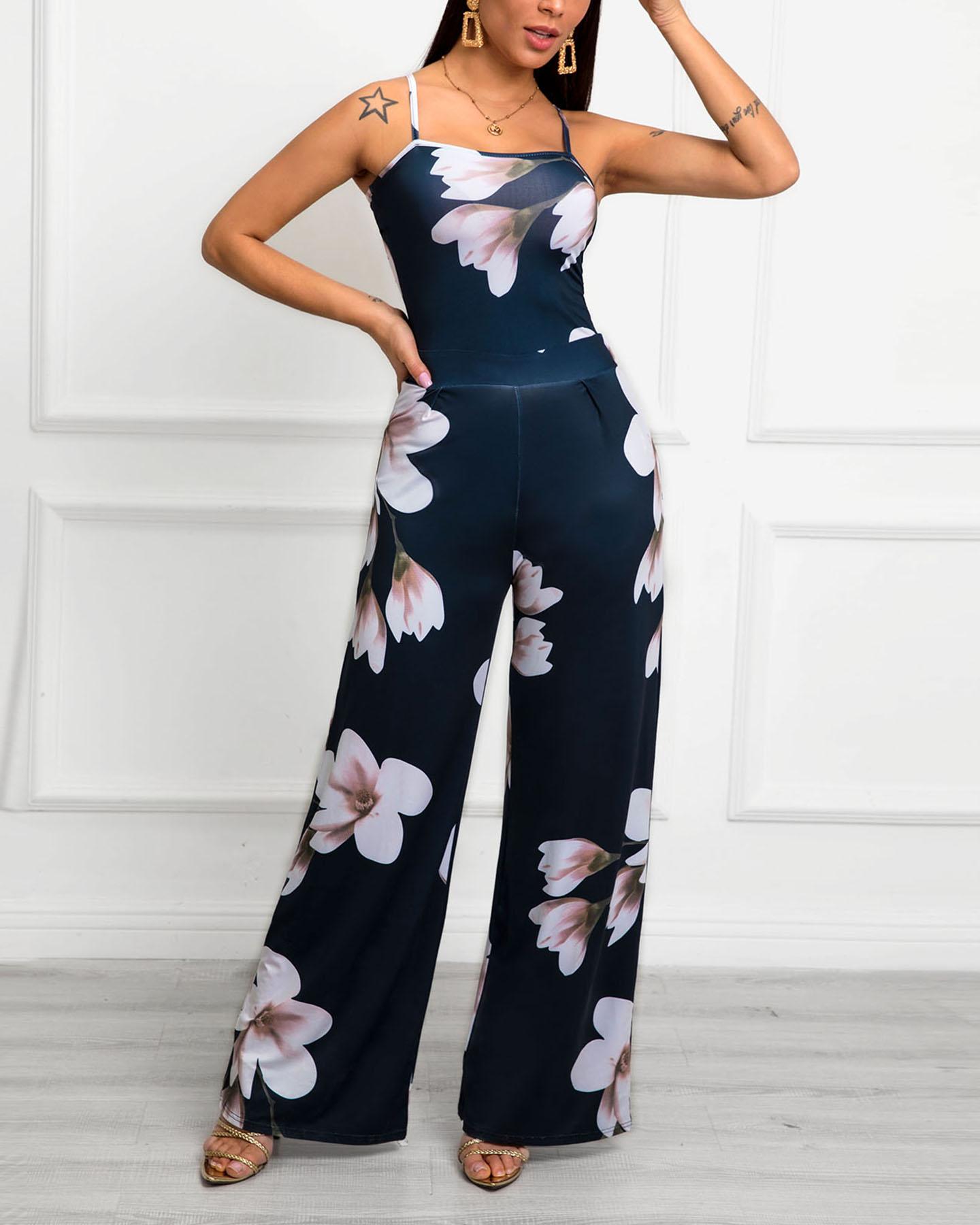 

Spaghetti Strap Floral Print Knotted Back Jumpsuit