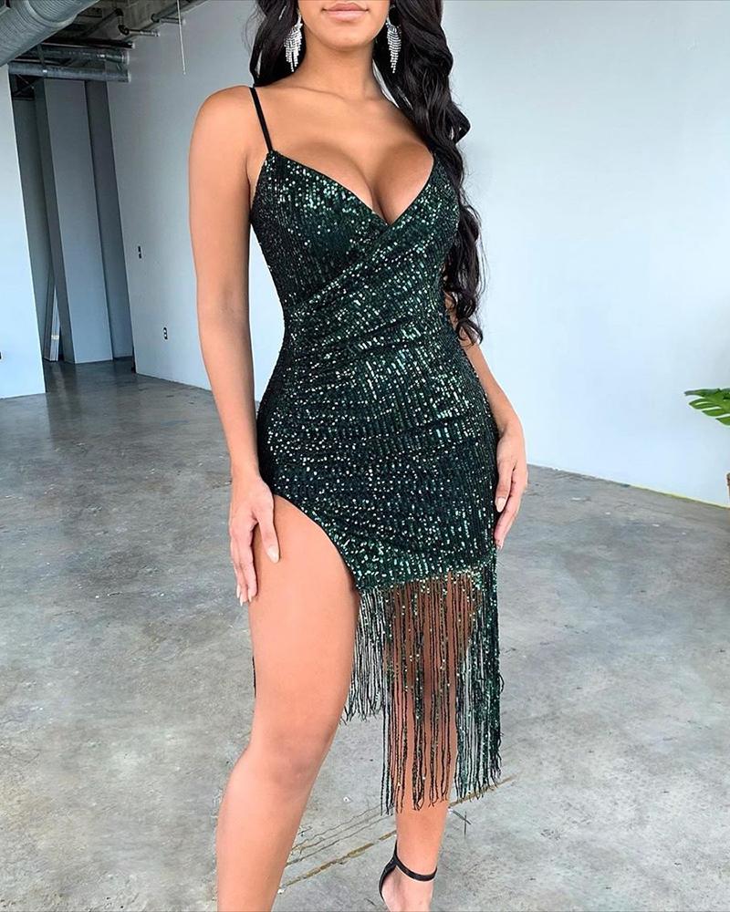 

Glitter Spaghetti Strap Tassel Design Slit Sequins Dress, Dark green