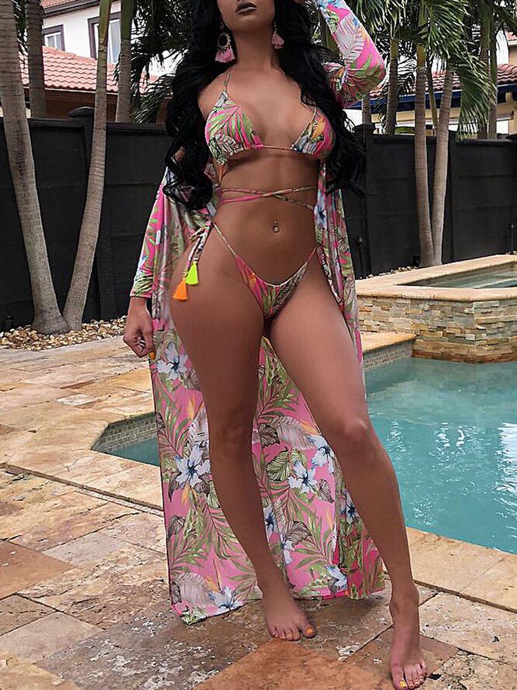 

3PCs Tropical Print Halter Bikini G-string With Cover Ups
