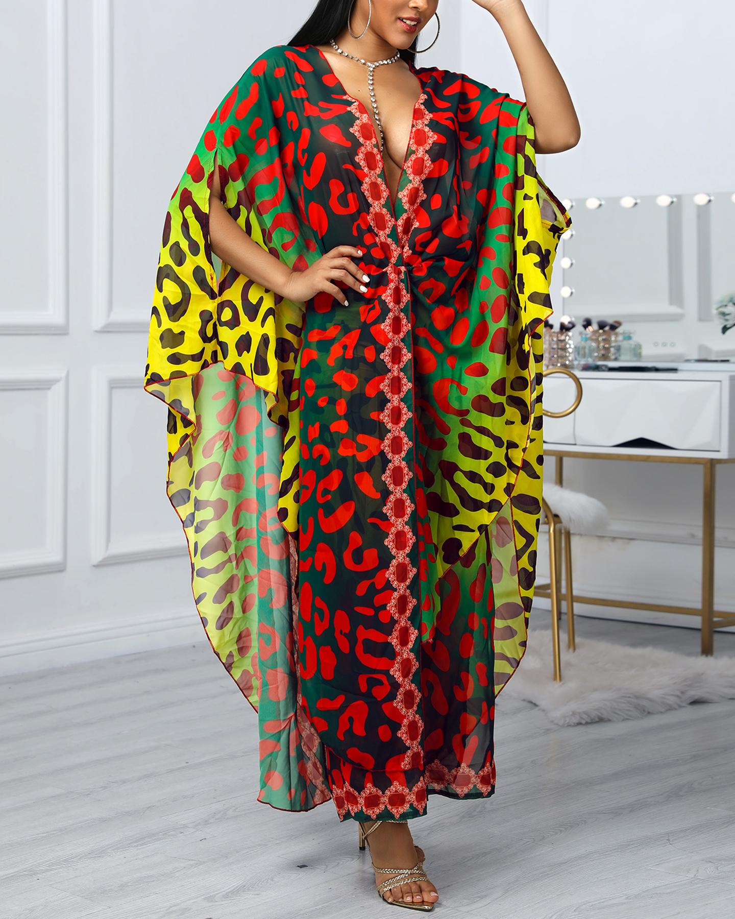 

Leopard Print Plunge Cover Up And Pant Sets, Multicolor