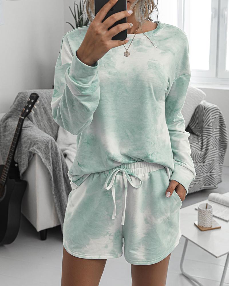 

Tie Dye Print Long Sleeve Pajamas Set, Green