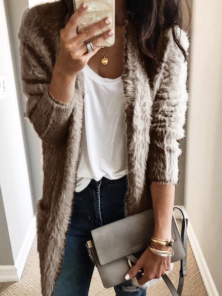 

Fluffy Open Front Pocket Design Coat, Khaki